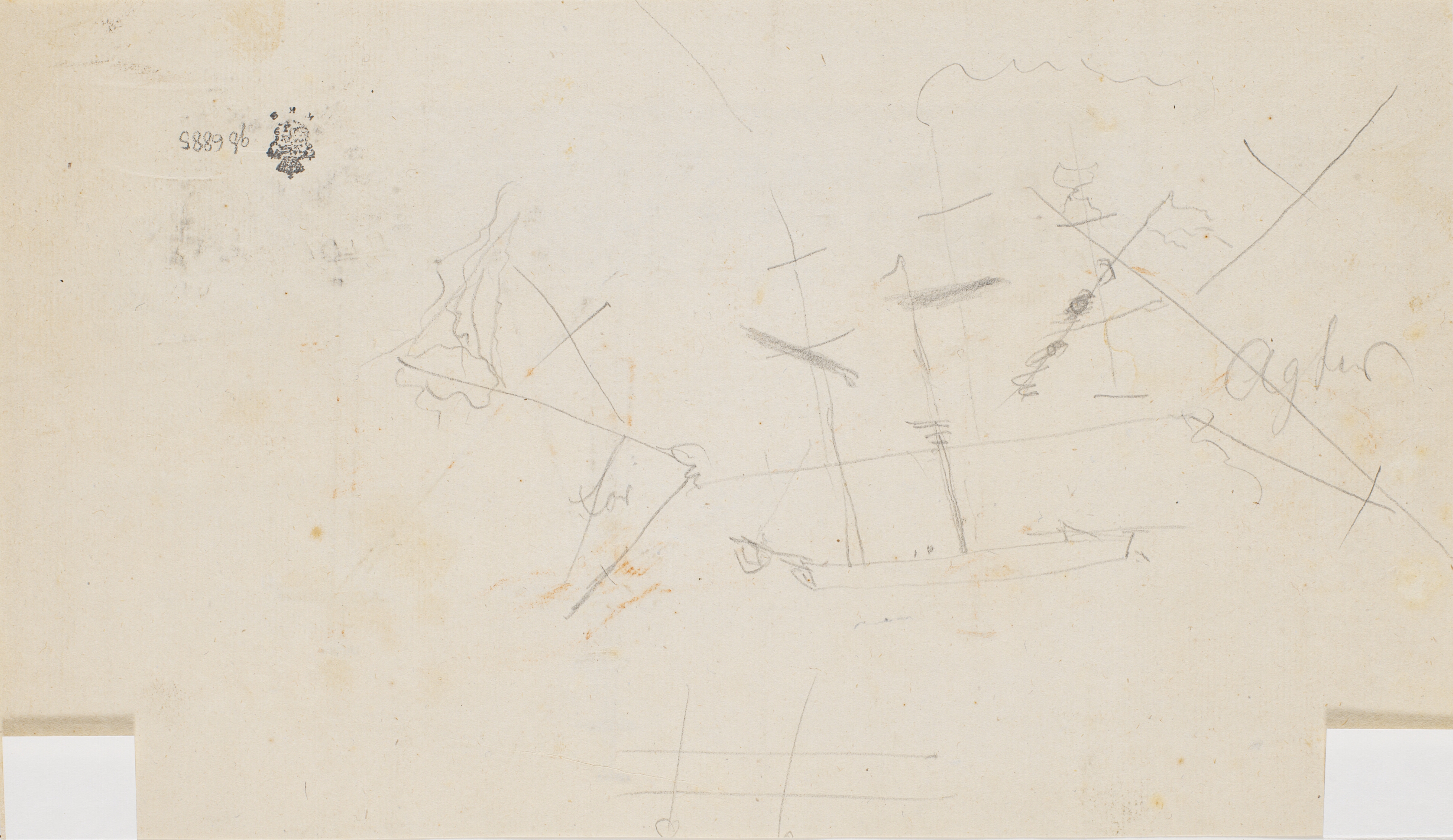 Blyantsrids af skib med påskrift: For og Agter